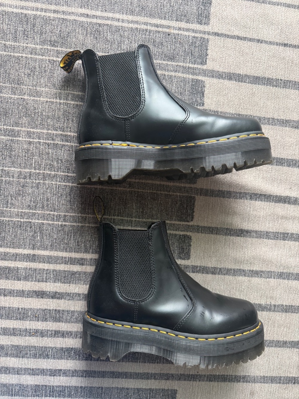 Doc Martin Black Leather Platform Chelsea Boots with Yellow Stitching